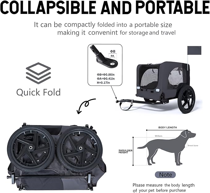 Collapsible Pet Bike Trailer, Portable Dog Bicycle Trailer with Enhanced Safety Design, Weatherproof & Ventilated Pet Carrier for Small to Medium Pets Up to 66 lbs (Dark Grey)