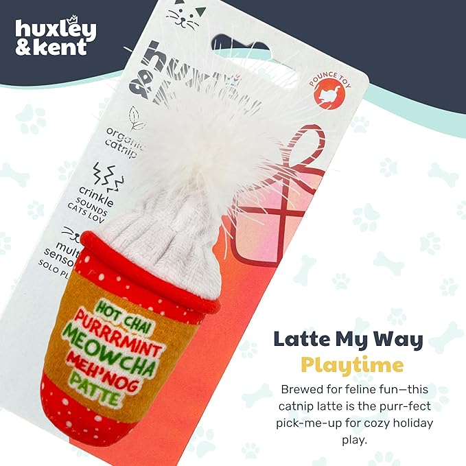 Huxley & Kent Plush Cat Toy - Holiday Interactive Catnip Toy for Cats & Kittens - Soft with Crinkle & Catnip - Fun Indoor Play - Latte My Way