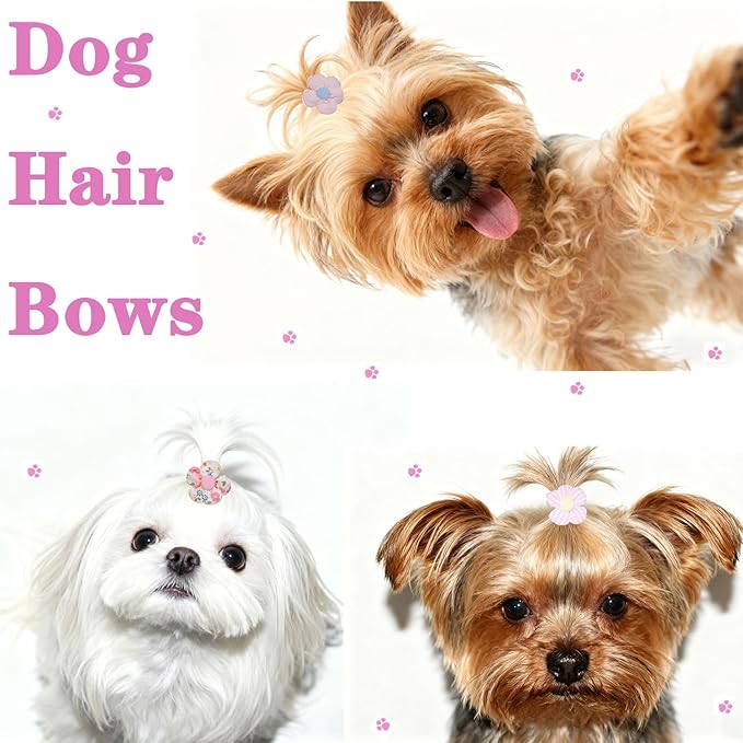 20 Pcs Handmade Cute Puppy Hair Bows, Flower Bowknot with Rubber Bands for Small Dog Hair Ties Accessories Peach Pink