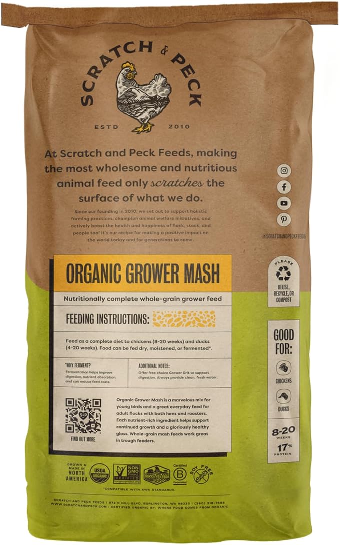 Scratch and Peck Feeds Organic Chicken & Duck Feed - Grower Mash - 50-lbs - 17% Protein, Premium Whole Grains, Essential Oils, Vitamins and Minerals