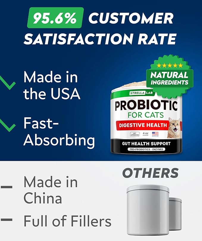 StrellaLab Cat Probiotic Powder - Probiotics for Cats with Diarrhea - Easy to Mix Powder - Cat Probiotics for Indoor Cats, Health Supplies Food Supplement, Digestive Support (8 oz/Pack of 2)