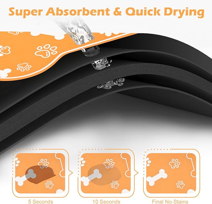 Dog Cat Mat for Food and Water,Rapid Absorbent Pet Feeding Mat, Bone Shaped Dog Placemat Bowl Mat with Rubber Backing,No Stains Pet Food Mats Indoor, Pet Accessories Supplies,Orange 12"×18"