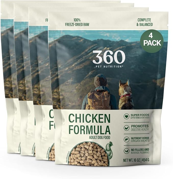 360 Pet Nutrition Freeze-Dried Raw Dog Food – Chicken Recipe with Liver & Organs, High Protein, Omega-3s, Fruits, Veggies & Superfoods, Grain-Free, No Fillers 4 x 16 oz Made in USA