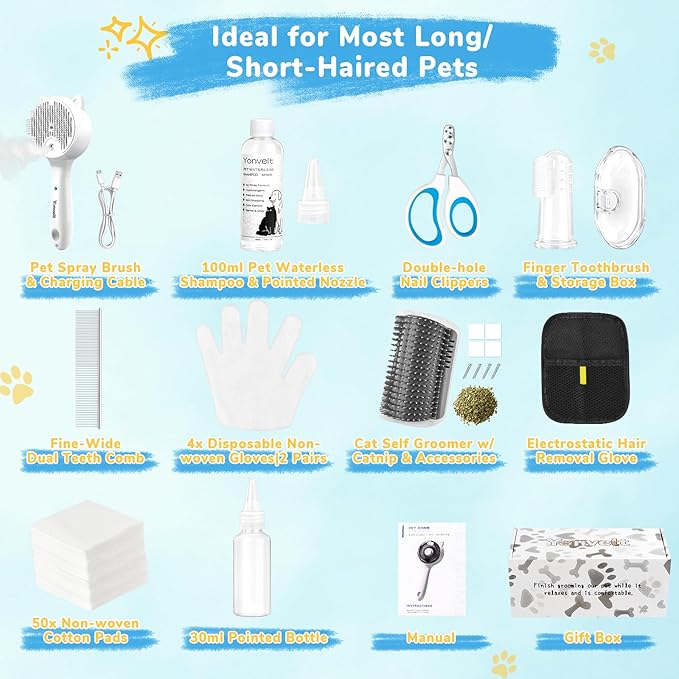 10in1 Pet Mist Spray Brush for Cat & Dog, Hair Health & Grooming Set with 100ml Waterless Shampoo, Nail Clippers, Toothbrush, Comb, Cat Scratcher with Catnip, Eye Ear Paw Dry Wipes & Gloves, Gift-Set