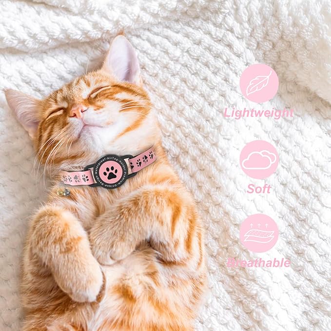 GPS Tracker for Cats, Waterproof GPS Cat Trackers Cats Collar with Bells, No Subscription, GPS Cat Collar, Adapt with Apple Find My (iOS Only) Finder Tag for Items Vehicles, Pets, Kids (Pink)