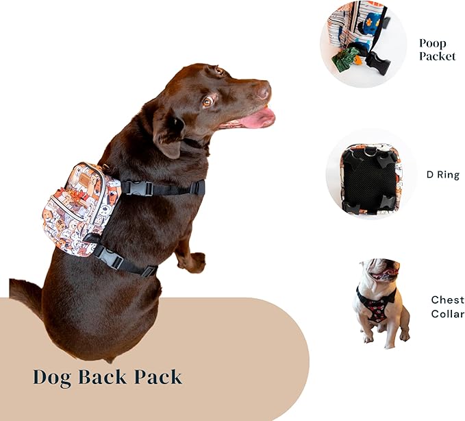 Pawlook Dog Backpack Harness – Street Smart | Waterproof, Adjustable, Breathable – Leash Attachment D-Rings, Poop Bag Pocket – Small & Medium Dogs – 8 Styles Paws Medium