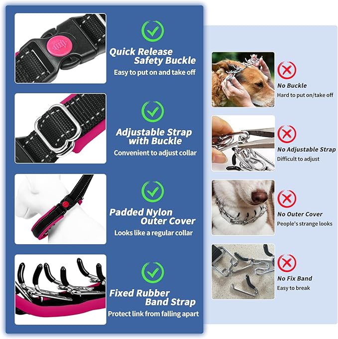 Martingale No Pull Dog Collar - Heavy Duty Nylon With Buckle, Adjustable Anti Pull Reflective Slip Collar for Large Medium Small Dog Training Walking M Hot Pink