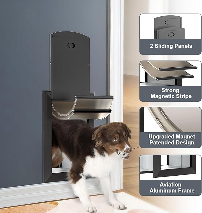 Heavy Duty Dog Door for Wall, Energy Efficient Doggie Door with Aluminum Frame, Telescoping Tunnel, Double Magnetic Flaps and Two Sliding Lock Panels, Easy to Install, Black, X-Large