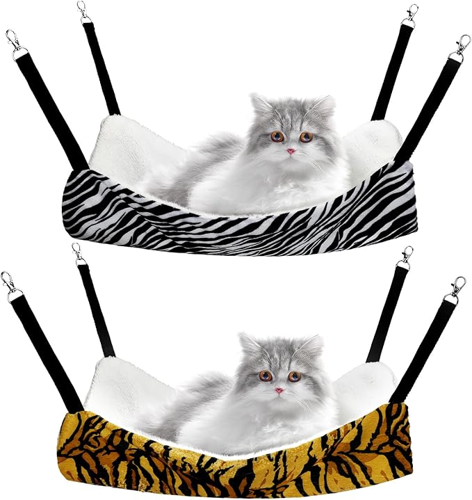 Jetec 2 Pack Cat Hammock for Cage, Catio Accessories Reversible Soft Cats Bed with Adjustable Straps and Hooks Double-Sided Linen and Fleece Hanging Hammock for Cats, Kitten(Zebra, Tiger Stripes,M)