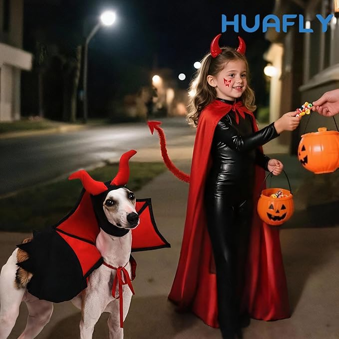 Huafly Cat Costume,Dog Halloween Costumes, Adjustable Vampire Costume with Devil Horns, Comfortable Halloween Costumes for Dogs Cats