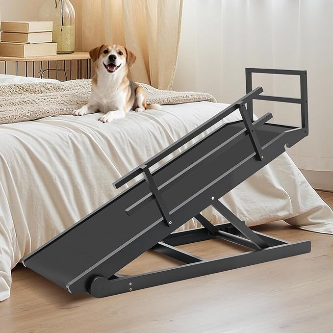 SLSY Dog Ramp for Bed & Couch, Folding Adjustable Pet Ramp with Non-Slip Rubber Mat, 55" Long, 5 Height Settings (15.7"–27.5"), Portable Wooden Dog Ramp Supports up to 220 lbs