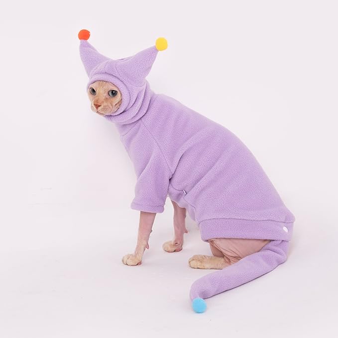 Sphynx Cat Clothes, Warm Cat Jumpsuit with Hat and Tail Cover, Full Set for Hairless Cats, Cornish Rex and Devon Rex (Purple, L(6.5-8lbs))