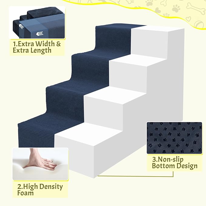 Niubya Dog Stairs for Small Dogs and Cats,18'H Non-Slip Bottom Pet Steps for High Beds and Couch,High-Density Foam Pet Stairs Navy,4 Steps