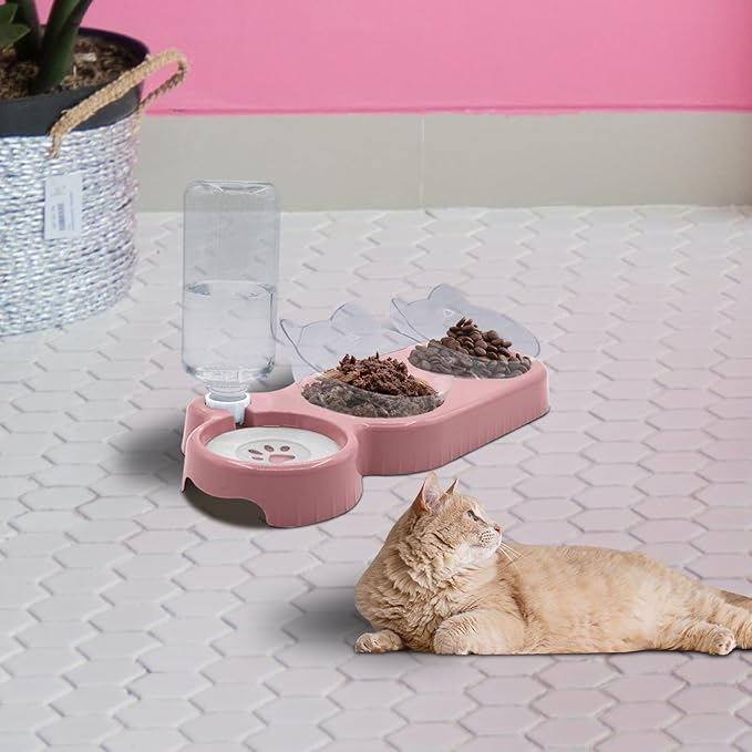 Triple Cat Bowls,15°Tilt 3-in-1 Water Feeder Bowls Cat Double Food Bowls with Automatic Water Bottle Bowl, Whisker Friendly Wet and Dry Cat Elevated Feeding Dishes for Small Cat and Puppy (Pink)