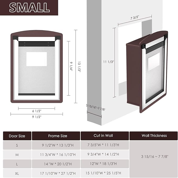 Cat Door for Wall, Cat Door for Interior and Exterior Wall, Pet Door with Double Magnetic Flaps, Double Lock Panels, Steel Frame and Telescoping Tunnel, Small, Coffee Color