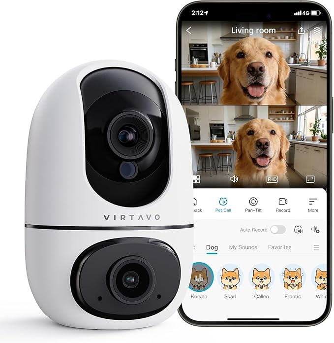VIRTAVO AI Pet Camera Indoor with Phone App for Dog, Cat & Puppy, 360° Dual-Lens with Auto Tracking & Pet Calling, No Subscription, Wi-Fi 6 (5GHz/2.4GHz), Apple Watch & Alexa Compatible