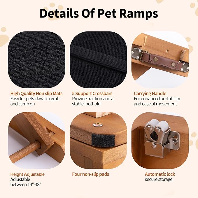 Dog Ramps for Beds, 64" Long Foldable Pet Ramps for Large Dogs, Portable Wooden Dog & Cat Ramps for Couch, Furniture-Grade Dog Step Adjustable Height W/Non Slip Mat & Safety Side Rails
