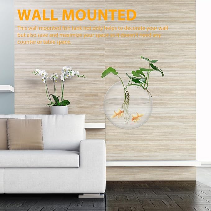 Totority Transparent Wall Mounted Fish Tank 9.05X9.05X3.74In Acrylic Hanging Aquarium Bowl Space Saving Home Decor for Fish and Plants