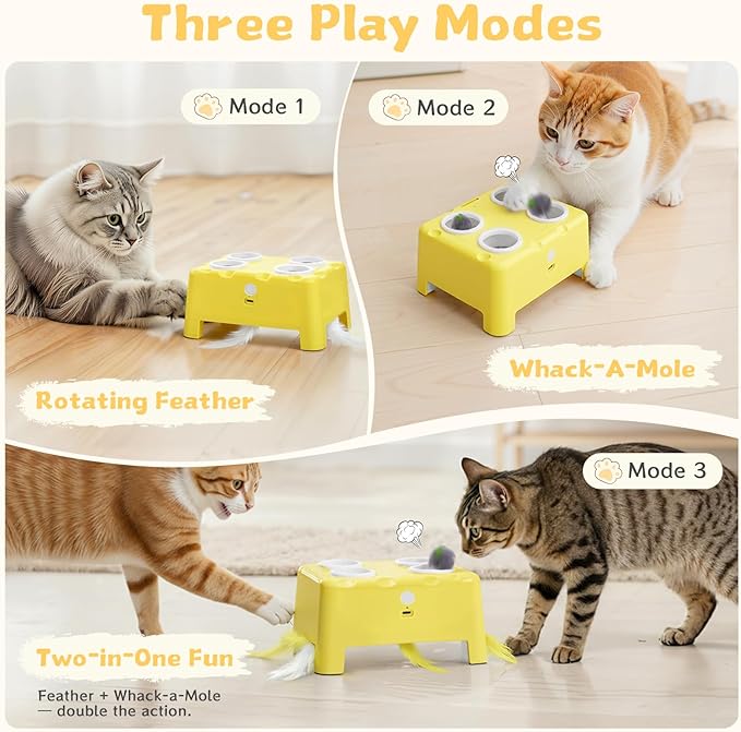 Interactive Cat Toy for Indoor Cats, 3 Modes Feathers Toy, Rechargeable 4 Holes Mole Cat Toys, Cheese Box for Kitten, 4 Accessories (Yellow)