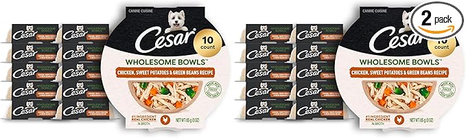 Cesar Wholesome Bowls Adult Wet Dog Food,Chicken,Sweet Potato & Green Beans Recipe,Wet Food for Dogs,3 Oz. Bowls,10 Count (Pack of 2)