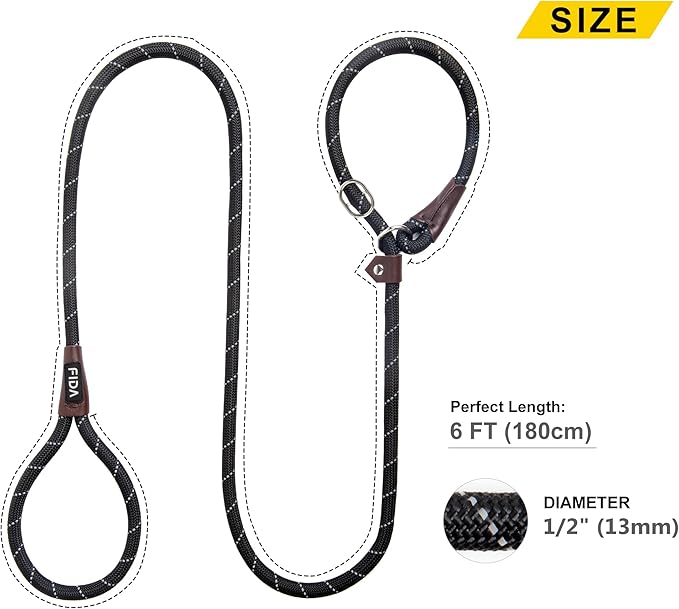 Fida Durable Slip Lead Dog Leash Bulk Pack of 5, Heavy Duty 1/2" x 6 FT Comfortable Strong Rope Slip Lead for Large, Medium & Small Dogs No Pulling Pet Training Leash with Highly Reflective (Black)