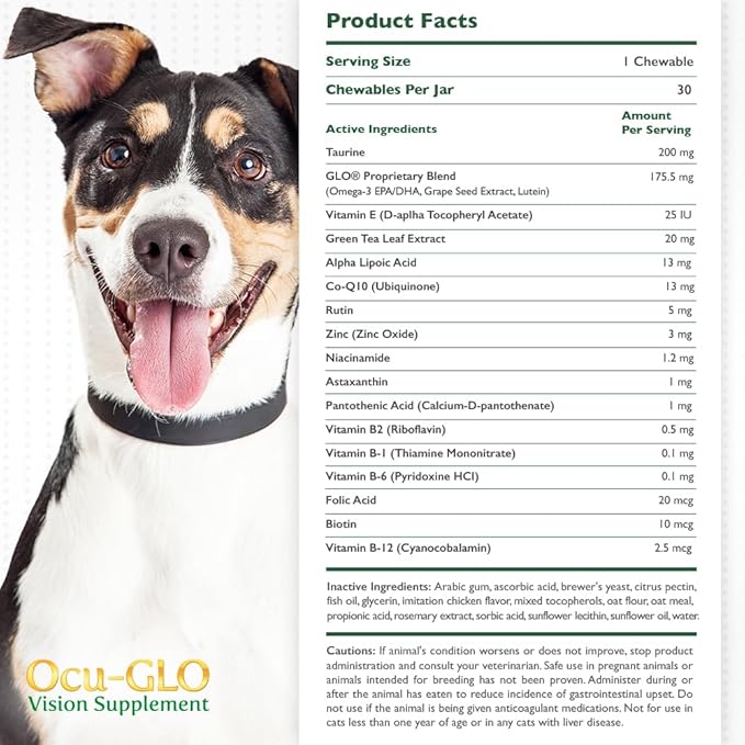 Ocu-GLO Cat & Dog Supplement for Eye Support - Chewable Vision Vitamins Supplements for Large and Small Pets Care with Lutein, Omega-3 Fatty Acids, Grape Seed Extract & Antioxidants
