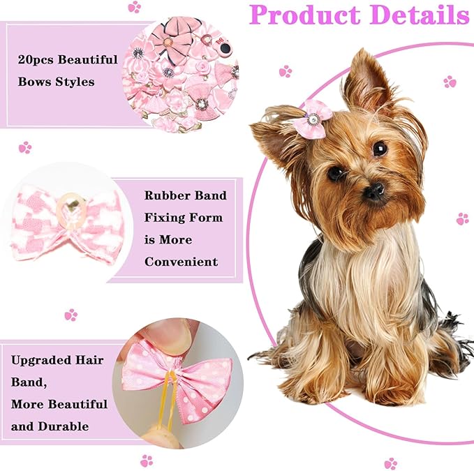 Dog Hair Bows, 20 Pack Pink Pet Accessories with Rhinestones and Pearls, Decorative Grooming Bows for Small to Medium Dogs