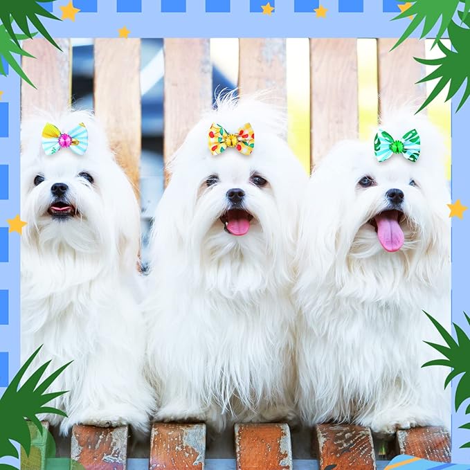 Sadnyy 240 Pcs Summer Spring Dog Hair Bows with Rubber Bands Rhinestone Grooming Dog Puppy Bows for Girls Boys Dogs Cute Ear Bows Dog Hair Accessories for Summer Holiday Pets Cats Dogs