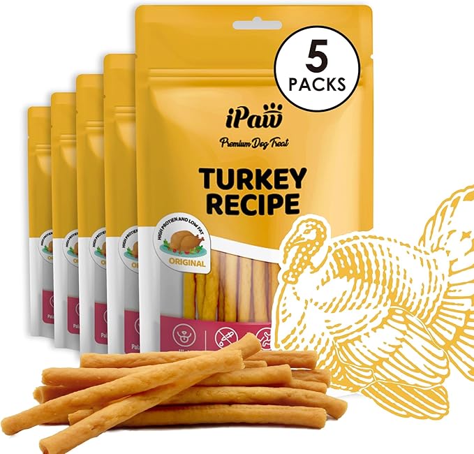 iPaw 5 Stock-Up Combo Turkey Dog Treats, All Natural Human Grade Dog Treat, Suitable for Training chew, US Sourced Raw Material, Hypoallergenic, Rawhide Alternative, Thin Stick (Original), 5 Packs