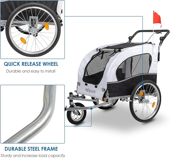 PEXMOR 2-in-1 Dog Bike Trailer & Stroller, Universal Hitch, Pet Cart Bike Wagon Cargo Carrier with Shock Absorber & Universal Wheel