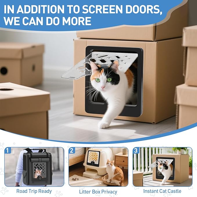 4-Way Locking Cat Door for Thin Materials - Adjustable Pet Door Flap fits Screens, Boxes & Carriers, 8x12 Inch Small Door for Crates, Litter Box Enclosures & DIY Pet Rooms (Same)