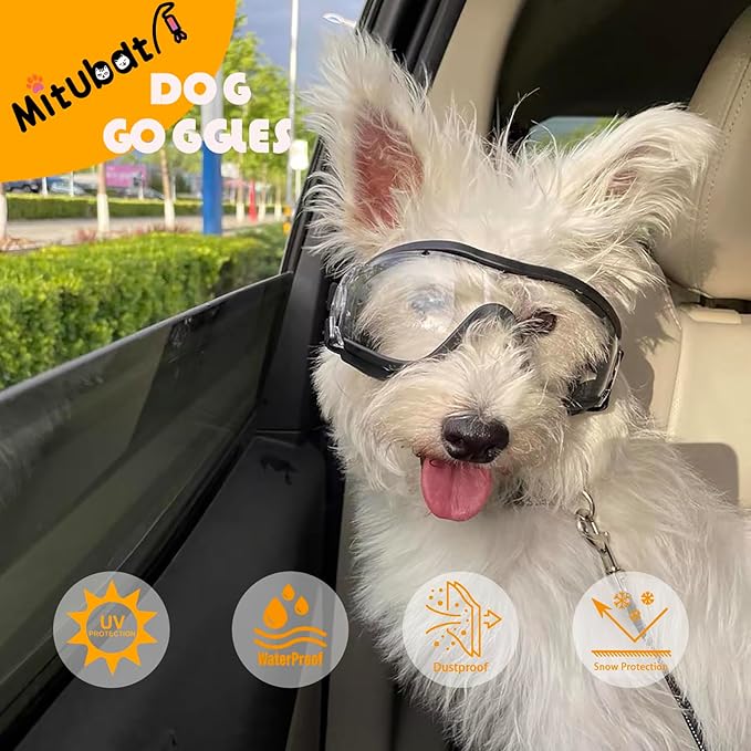 Dog Sunglasses Pet Goggles for Medium Large UV Protection Wind Protection Dust Protection Adjustable Strap Dog Glasses Suitable for Snow Beach Motorcycle (Black Frame Transparent)