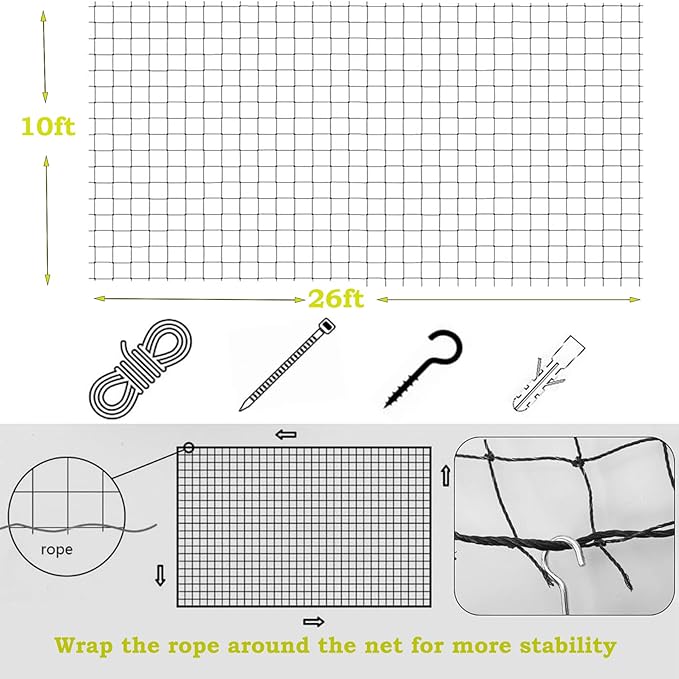 Cat Netting Balcony, Wire-reinforced Cat Net, Bite and Tear-resistant, UV and Weather-resistant, Balcony Cat Anti-Fall Netting for Pets, Cat Protection Net for Windows Patio Balcony - 10x26ft/3x8m
