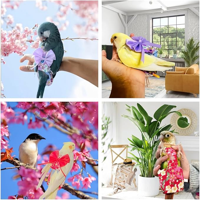 2 Pcs Bird Diapers Bird Harness Flight Suits Diapers with 80in Flying Leash Reusable Parrot Nappy with Waterproof Inner Layer for Cockatiel Budgie Conure Parakeet Lovebird-Red&Purple Sakura