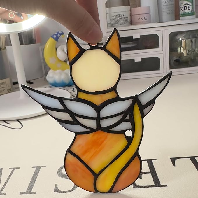 Handcrafted Stained Glass Orange Angel Cat Suncatcher - Pet Memorial Gift with Colorful Wings, Cat Lovers Sympathy Gift, Home Window Decor
