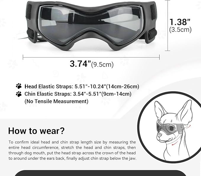 Dog Sunglasses for Extra Small Breed UV Protection Windproof XS Dog Goggles with Adjustable Head & Chin Straps for Ride Car/Hiking Travel/On Beach-Black