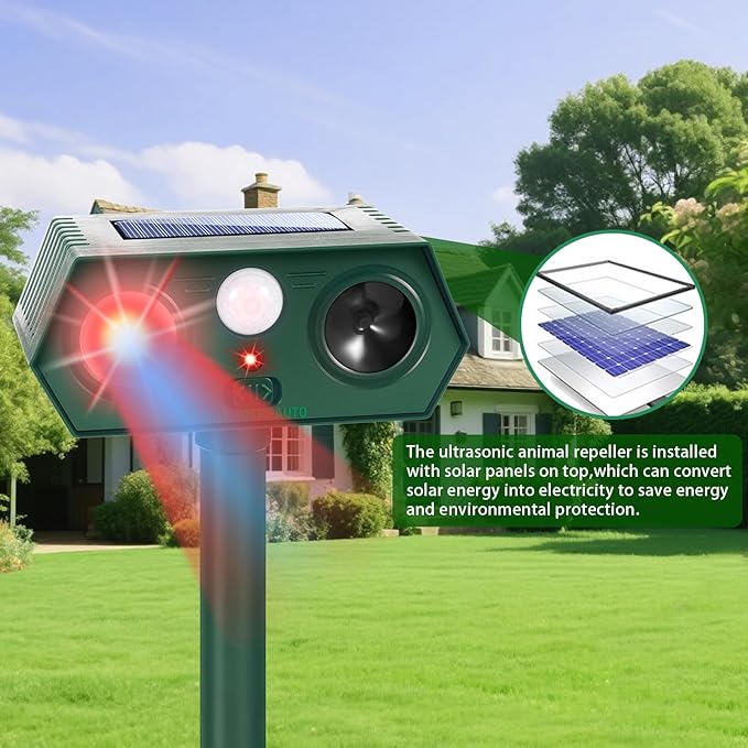 2025 Solar Ultrasonic Animal Repellent Sonic Fortress Pro Raccoon Repellent Cat Repeller Deer Deterrent with Flash Light Motion Sensor to Keep Squirrel Rabbit Dog Skunk Out of Garden Yard(4Pack)