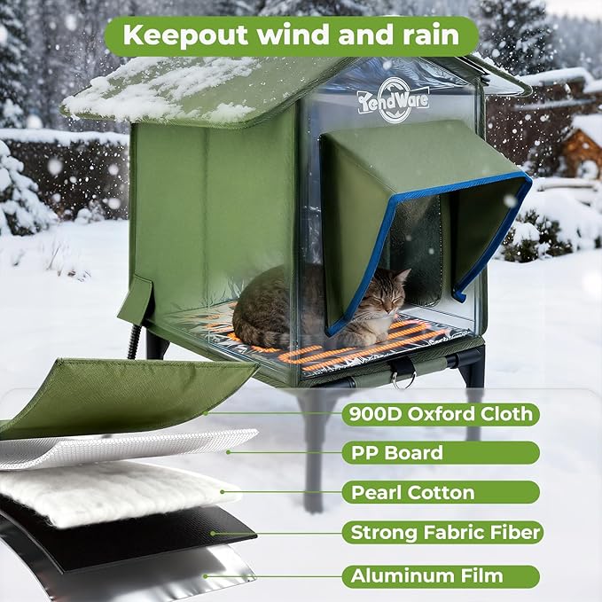 Outdoor Cat House Heated Cat House for Outside with Elevated Base Cat-Attracting Eave Design Feral Stray Shelter Weatherproof in Winter Garage Yard Porch