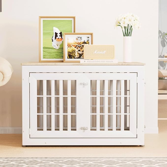 42" Heavy Duty Dog Crate Furniture for Small,Medium and Large Dogs,Rustic Wooden Dog Cage Kennel Indoor Furniture with Waterproof Top,Decorative Pet House Side End Table (White & Wood)