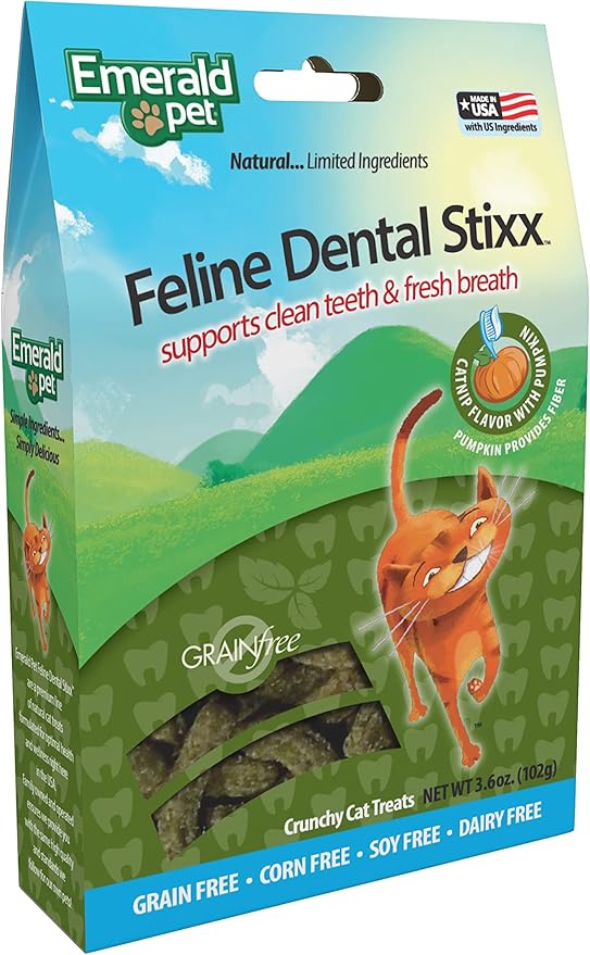 Emerald Pet Feline Dental Stixx — Tasty and Crunchy Cat Sticks with Pumpkin for Digestive Health — Natural Grain Free Treats for Clean Cat Teeth and Fresh Breath — Catnip, 3.6 oz