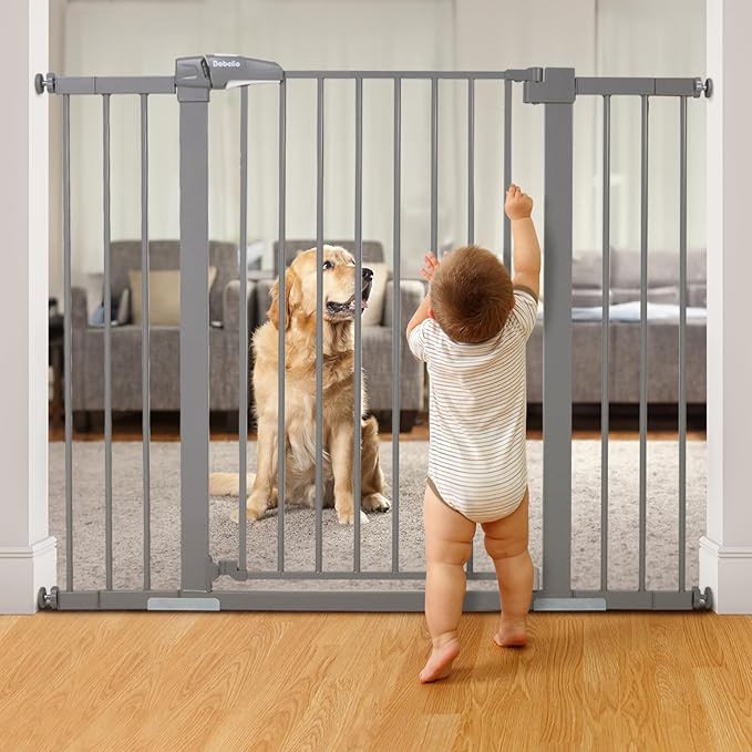 Babelio Metal Auto Close Baby Gate,Extra Wide Pet Gate for The House and Doorways, Pressure Mounted Walk Thru Child Gate with Door (Gray, 36" Tall 29"-48" Wide)