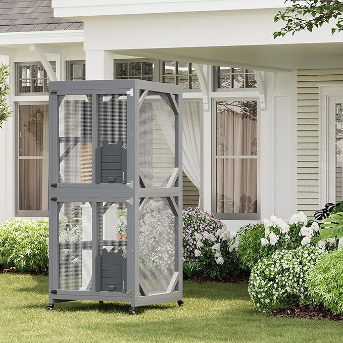 4 Tiers Outdoor Cat Enclosure on Wheels, 68'' Catio with Window Access, Weatherproof Roof Cats House with Scratch Post, Platforms and Resting Box Grey