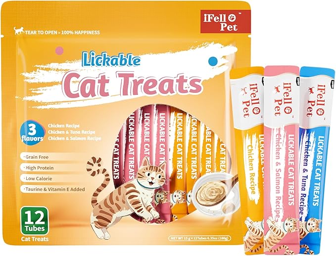 High-Meat Lickable Cat Treats Variety Pack – Real Chicken & Seafood – Smooth Creamy Purée – Grain-Free – 12 Tubes (15g Each)
