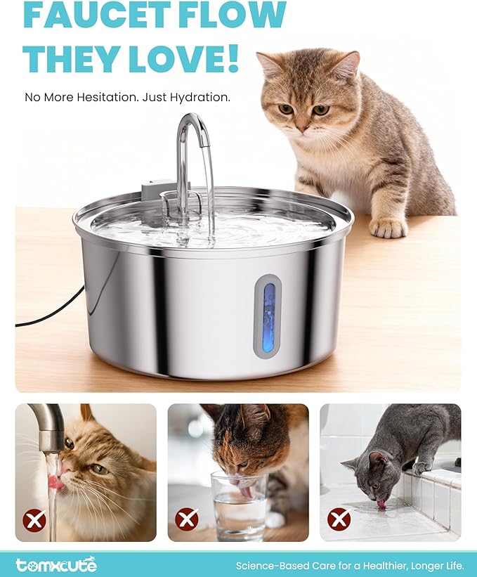 Cat Water Fountain Stainless Steel - 108oz/3.2L Large Capacity Cat Fountain for Drinking, Ultra Quiet Metal Pet Water Fountain for Cats, Small Dogs, Multiple Pets