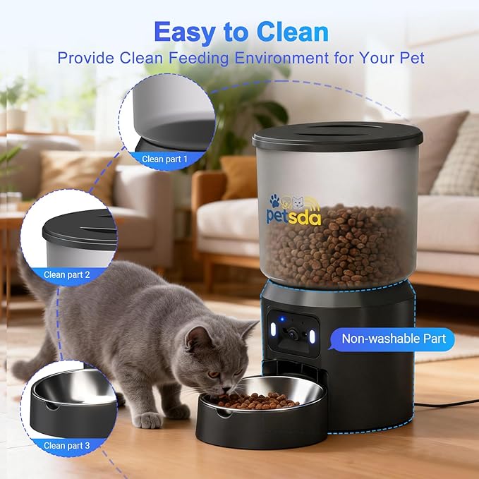 Automatic Cat Feeder with 2K Camera 5G WiFi 4L Timed Dry Food Dispenser APP Control, 15 Meals Programmable 1-20 Portion Per Day Dual Power Supply with Stainless Bowl for Multiple Pet Easy Clean