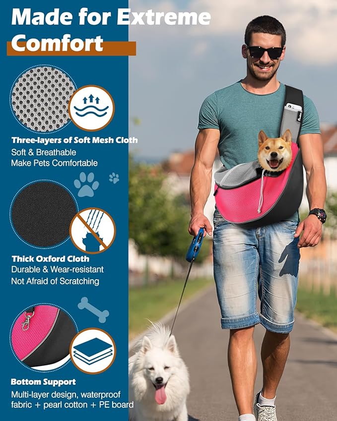 Pawaboo Pet Dog Sling Carrier, Hand Free Breathable Mesh Puppy Carrier, Dog Papoose with Zipper Touch Pocket and Adjustable Strap, Crossbody Satchel Dogs Purse for Outdoor, L, Pink
