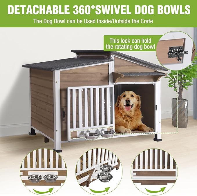GUTINNEEN Large Outdoor Insulated Dog House Weatherproof Dog Kennel Dog Shelter with Chew-Proof Full Metal Frame, 360° Rotatable Spill-Proof Bowl, Openable Roof for Large Dog Breeds, 39.7" L