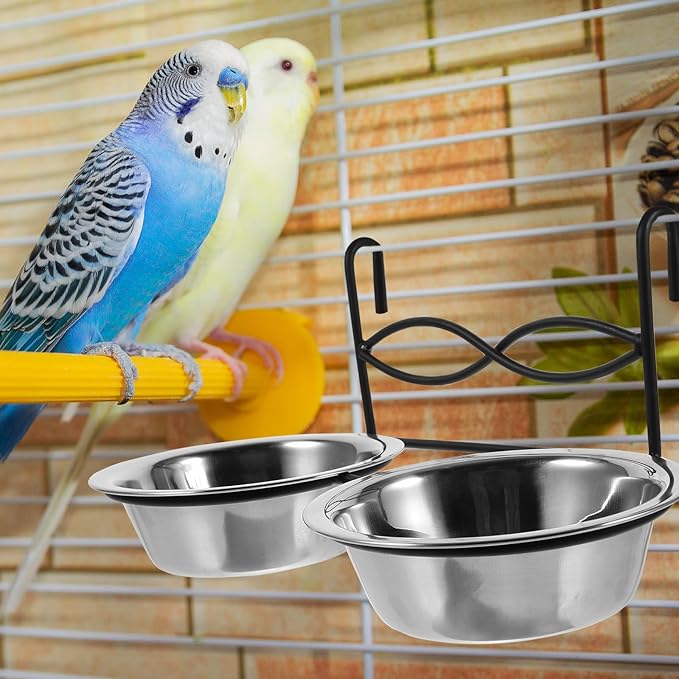 Cabilock Parrot Feeder Cup and Bird Food Holder Hanging Bowl with Clamp Stainless Steel Small 11cm Diameter for Cage Feeding and Watering Supplies