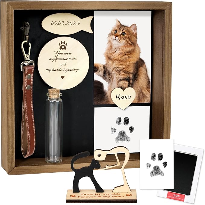 Cat Memorial Gifts for Loss of Cat, Pet Memorial Gifts for Cats, 8.6'' Shadow Box with Wooden Sculptures, Fur Jar, Sympathy Gift for Tabletop Display & Wall Hanging