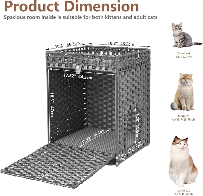 KOUSEI Handwoven Rattan Cat Litter Box Enclosure Furniture - Hidden Indoor Pet House with Door & Mat, Discreet Washroom Cabinet for Living Room and Bedroom, Grey